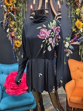 Free People Black Floral Mini Dress or Long Top- Drop Waist